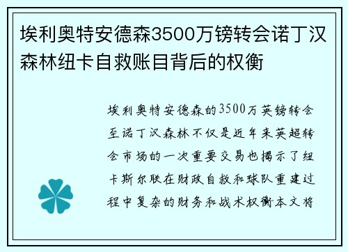 埃利奥特安德森3500万镑转会诺丁汉森林纽卡自救账目背后的权衡